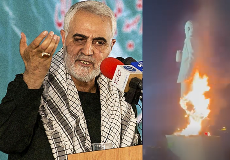 Iranian Protesters Set Fire to Qassem Soleimani’s Statue Amid Nationwide Protests