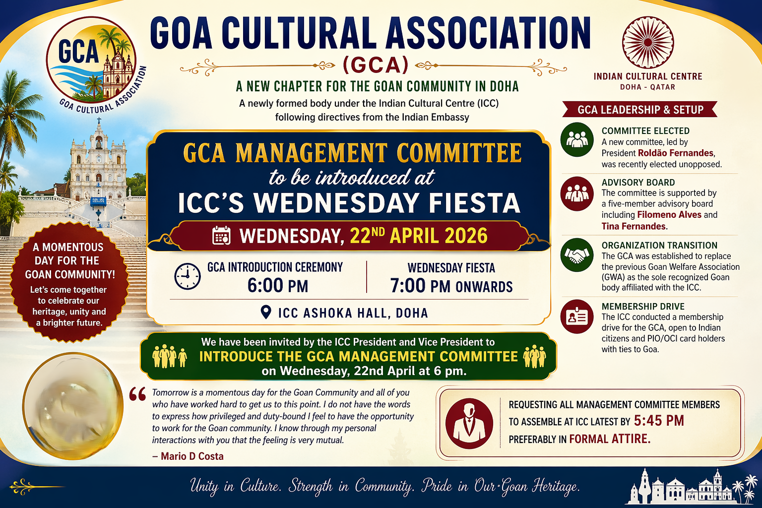 Goa Cultural Association to be introduced at ICC’s Wednesday Fiesta in Doha